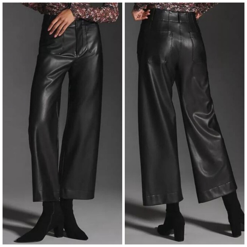 Anthropologie Maeve Cropped Colette Wide Leg Pants Size 16 Faux Leather Black